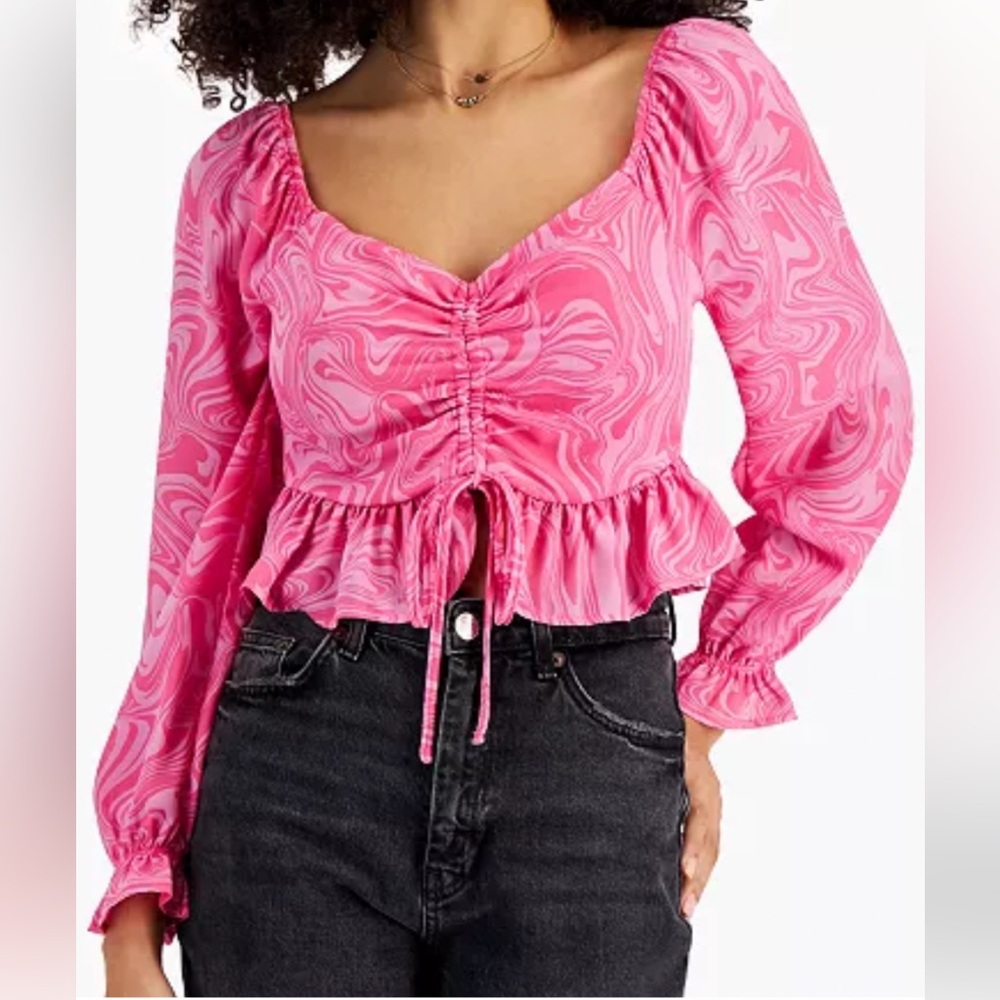 Crave Fame N.W.T. Medium Size Junior’s Vibrant‎ Pink Patterned Ruched Blouse.